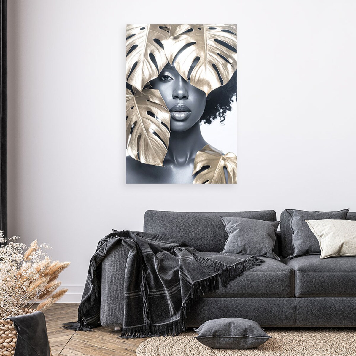 Obraz do salonu sypialni, Portret kobieta i złote liście monstery 60x90