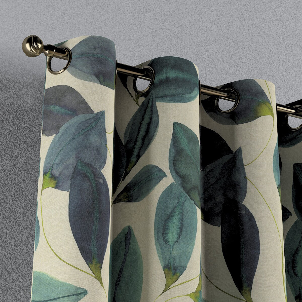 Zasłona na kółkach 1 szt. 130x245 liście w kolorze szmaragdowej zieleni z fioletem na lnianym tle