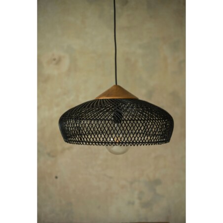 Rattanowa lampa z drewnem teakowym BONNET w rozmiarze M - czarna
