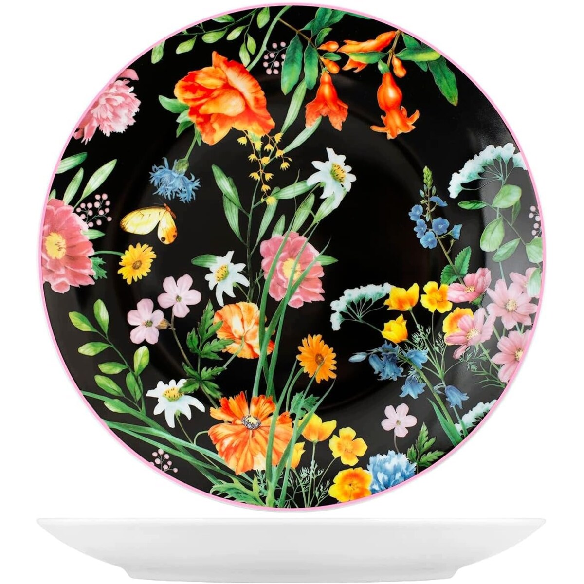 Serwis obiadowy Pengo H&H włoskie talerze na 6osób czarne w kwiaty porcelan