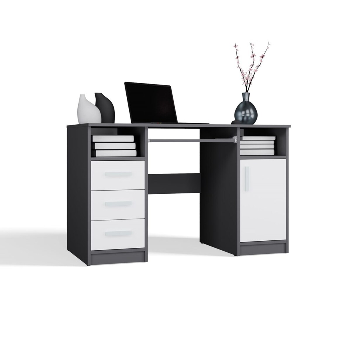 BIURKO DELTA ANTRACYT / BIAŁY 120 Cm 3 Szuflady Szafka Półki Do Biura Pokoju Na Laptop
