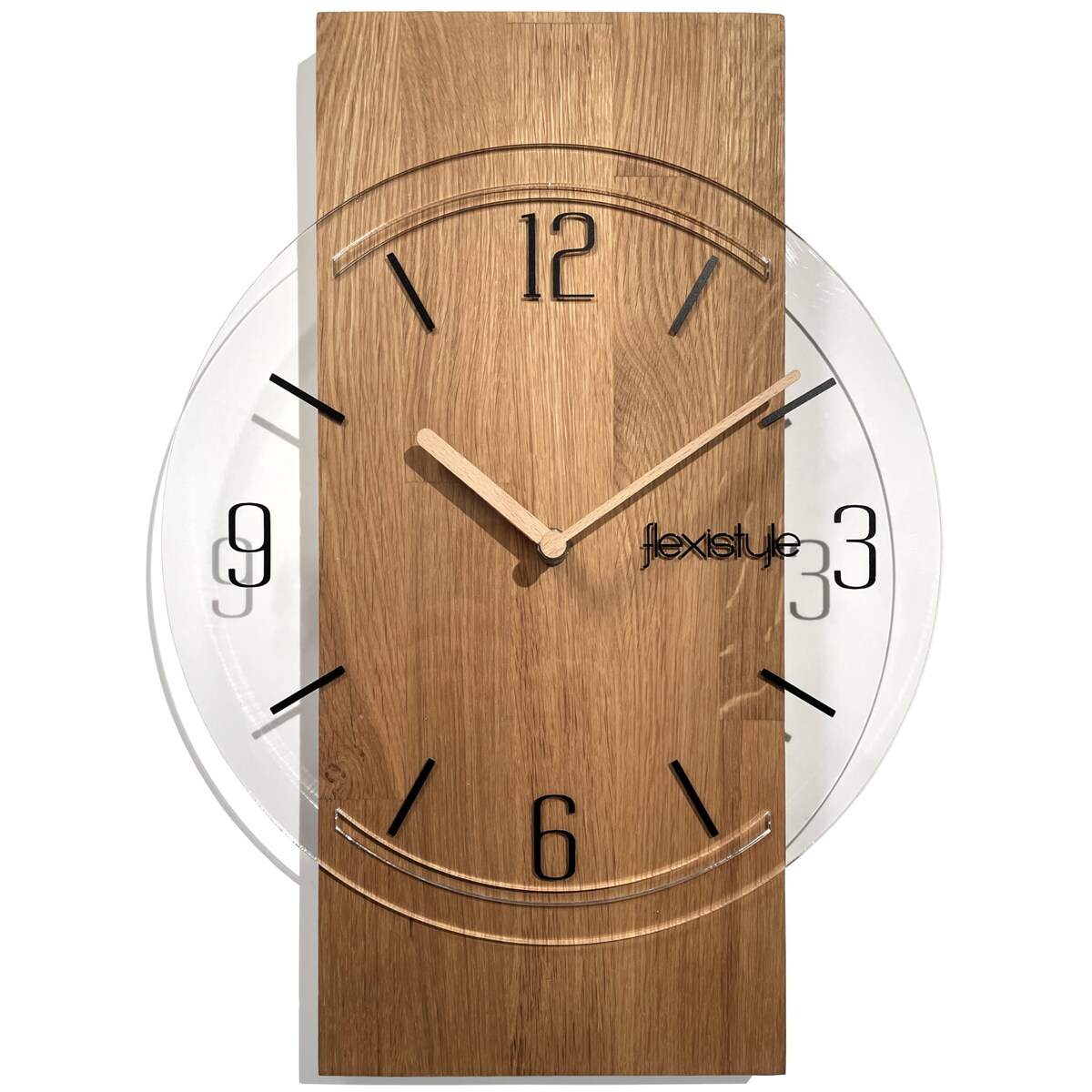 Drewniany zegar ścienny Geometric 40cm tarcza przezroczysta