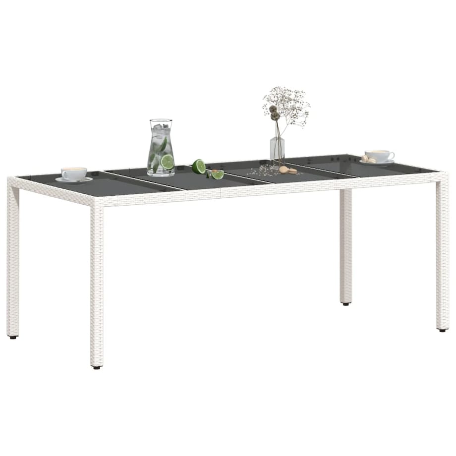 vidaXL Stół ogrodowy ze szklanym blatem, biały 190x90x75 cm, rattan PE
