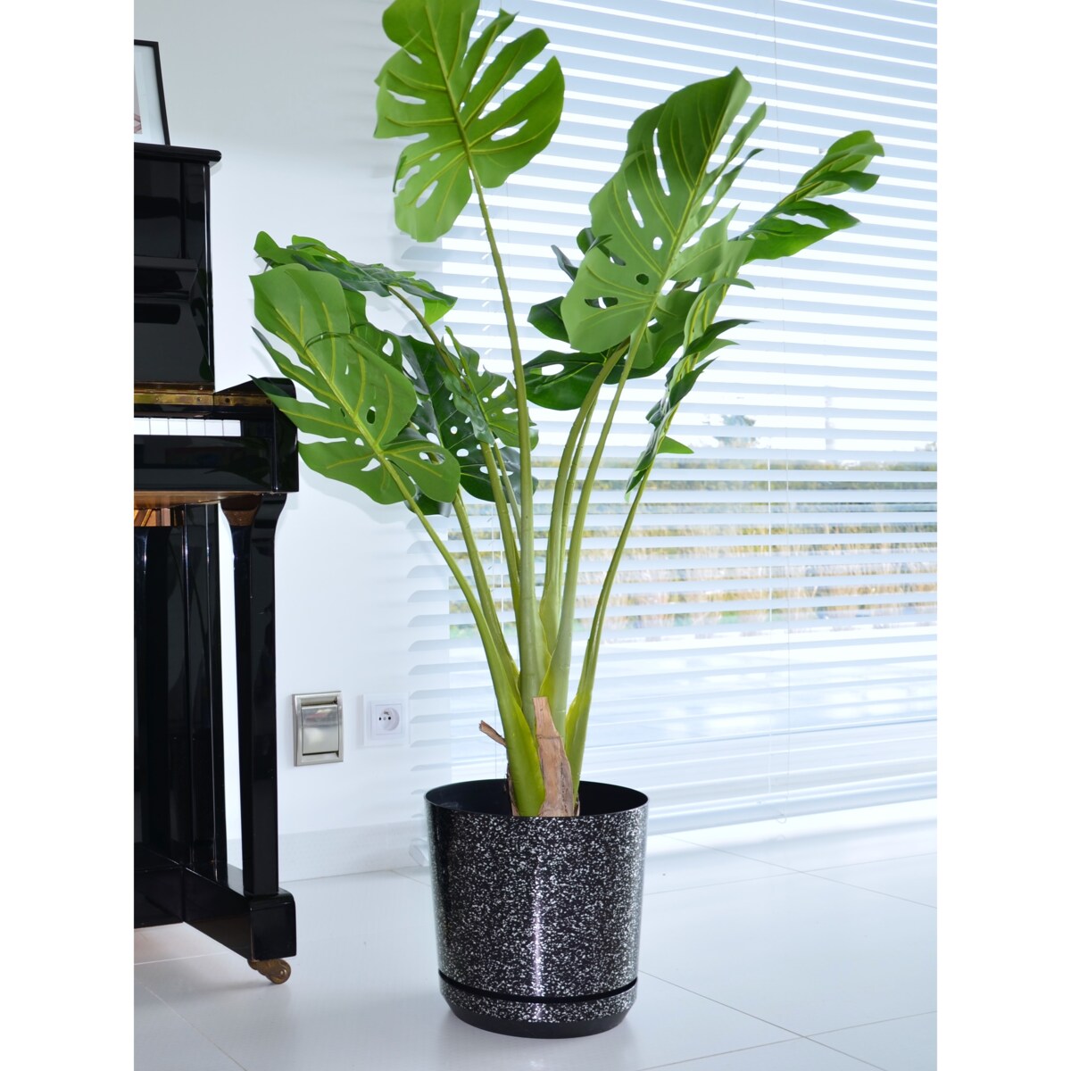 32 cm wzór CZARNY MARMUR Doniczka z podstawką piękne lustrzane drobinki srebrne elementy duża szeroka elegancka