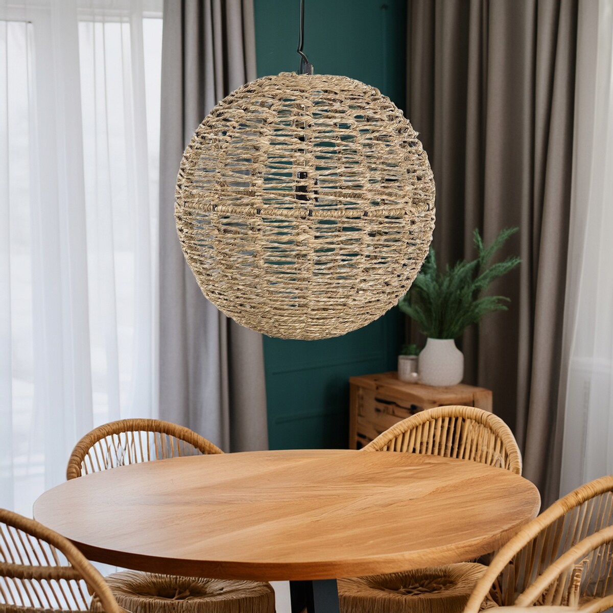 LAMPA SUFITOWA WISZĄCA NAD STÓŁ BOHO JUTOWA NATURALNA KULA DO SALONU 40cm