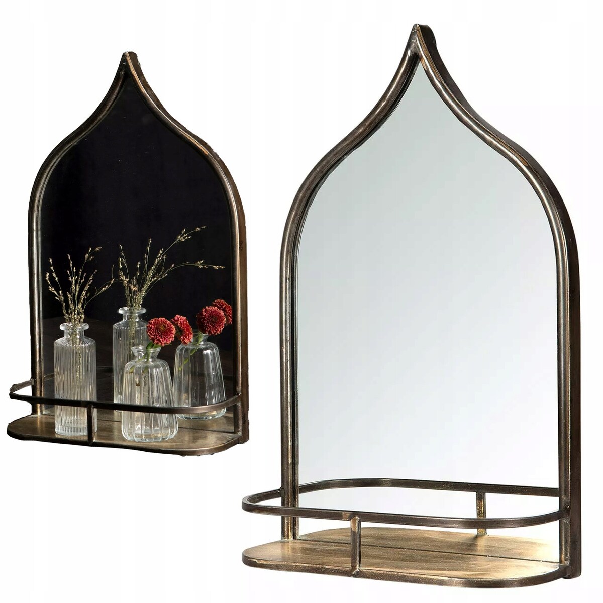 LUSTRO ŁAZIENKOWE ZŁOTE Z PÓŁKĄ ŚCIENNE 47x30cm loft retro metalowa rama