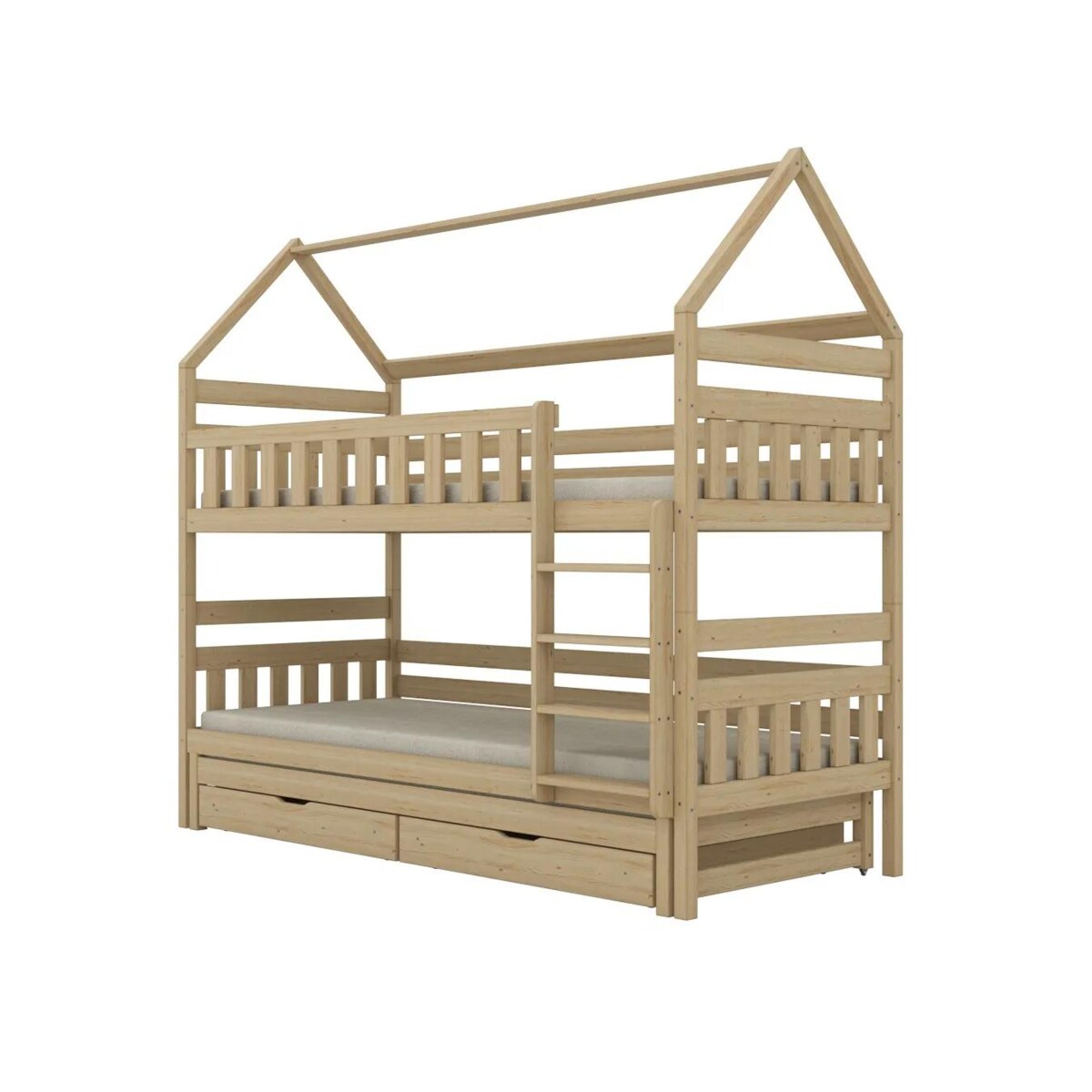 Łóżko piętrowe domek FELIKS 160x80 sosna lakierowana drewniane trzyosobowe z szufladami