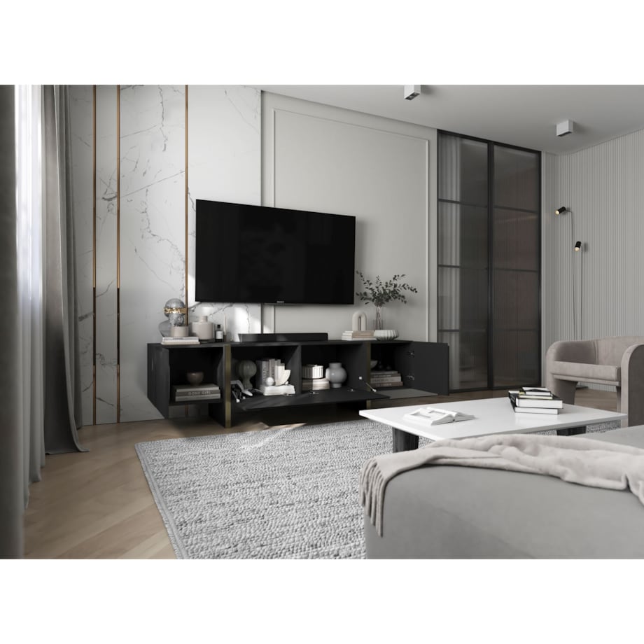 Szafka RTV Kenzo Nowoczesna Komoda RTV Glamour Czarny Mat 180 cm