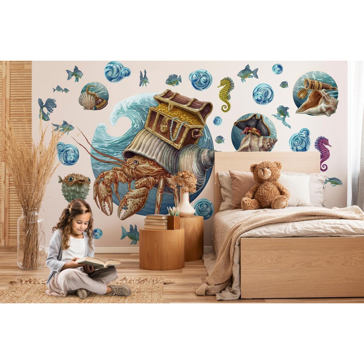 Zestaw naklejek na ścianę, Podwodny świat kraba, 100cm