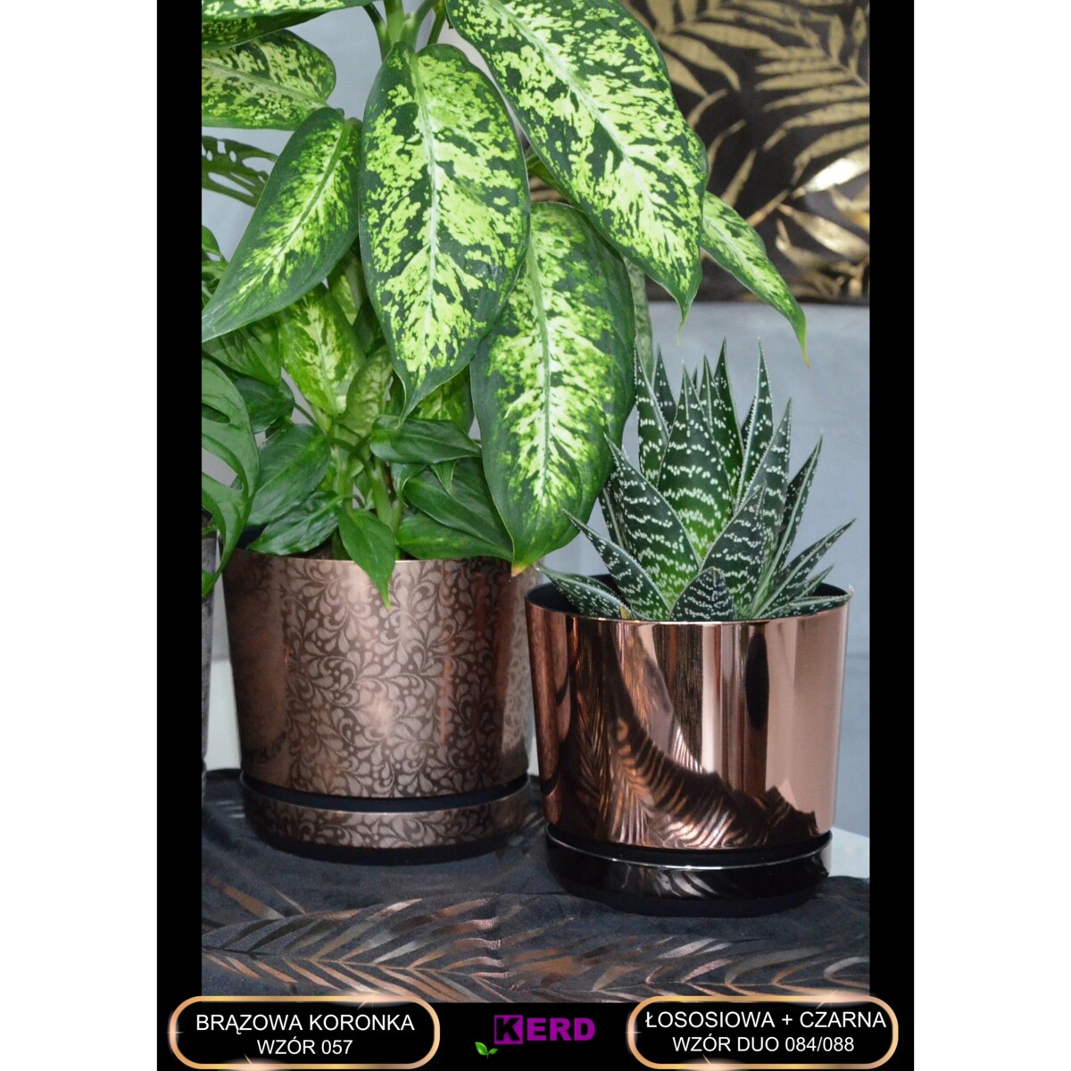 21 Doniczka DUO ŁOSOSIOWA z podstawką CZARNA dwukolorowa nowoczesna glamour wysoki połysk elegancka różowe złoto industrialny loft