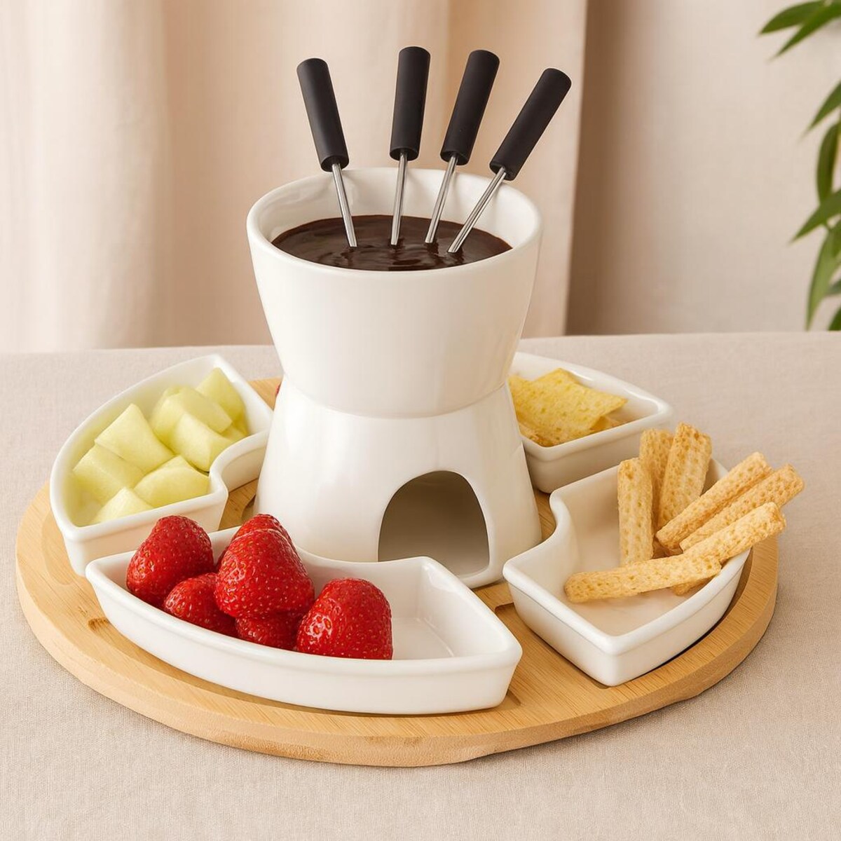Zestaw do fondue czekoladowego z deską bambusową, 11 elementów