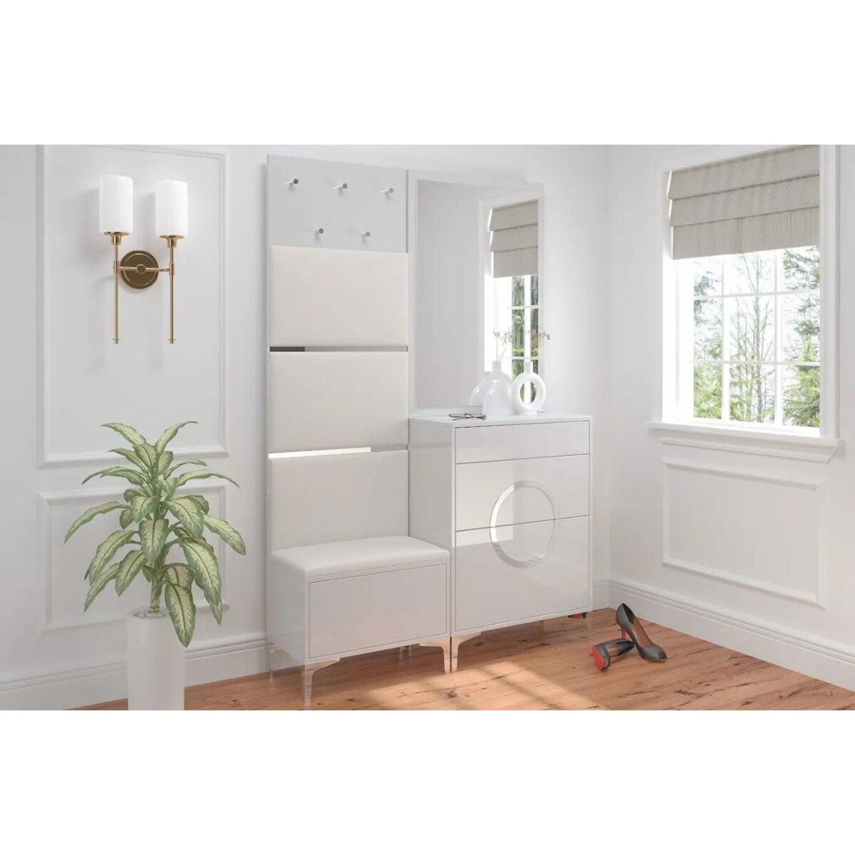 Elegancki, biały zestaw mebli do przedpokoju Dancan EVELINE / wysoki połysk