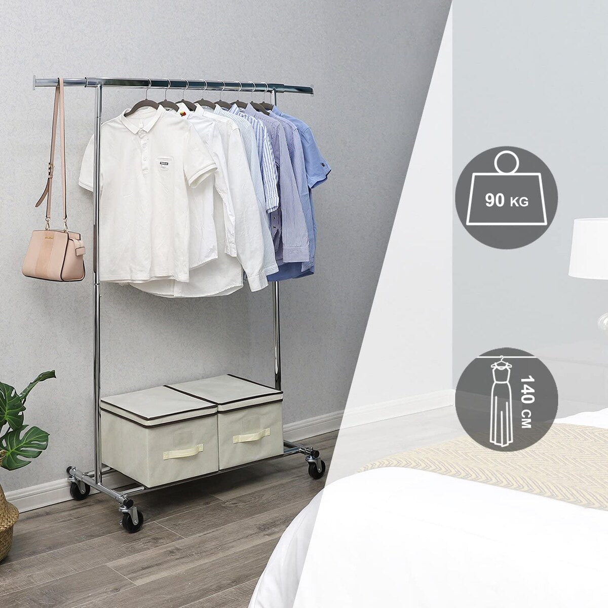 Wieszak Na Ubrania Na Kółkach do przedpokoju korytarza sypialni Srebrny