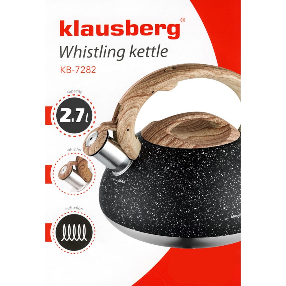 Czajnik stalowy z gwizdkiem 2.7L Wood Line czarny KLAUSBERG