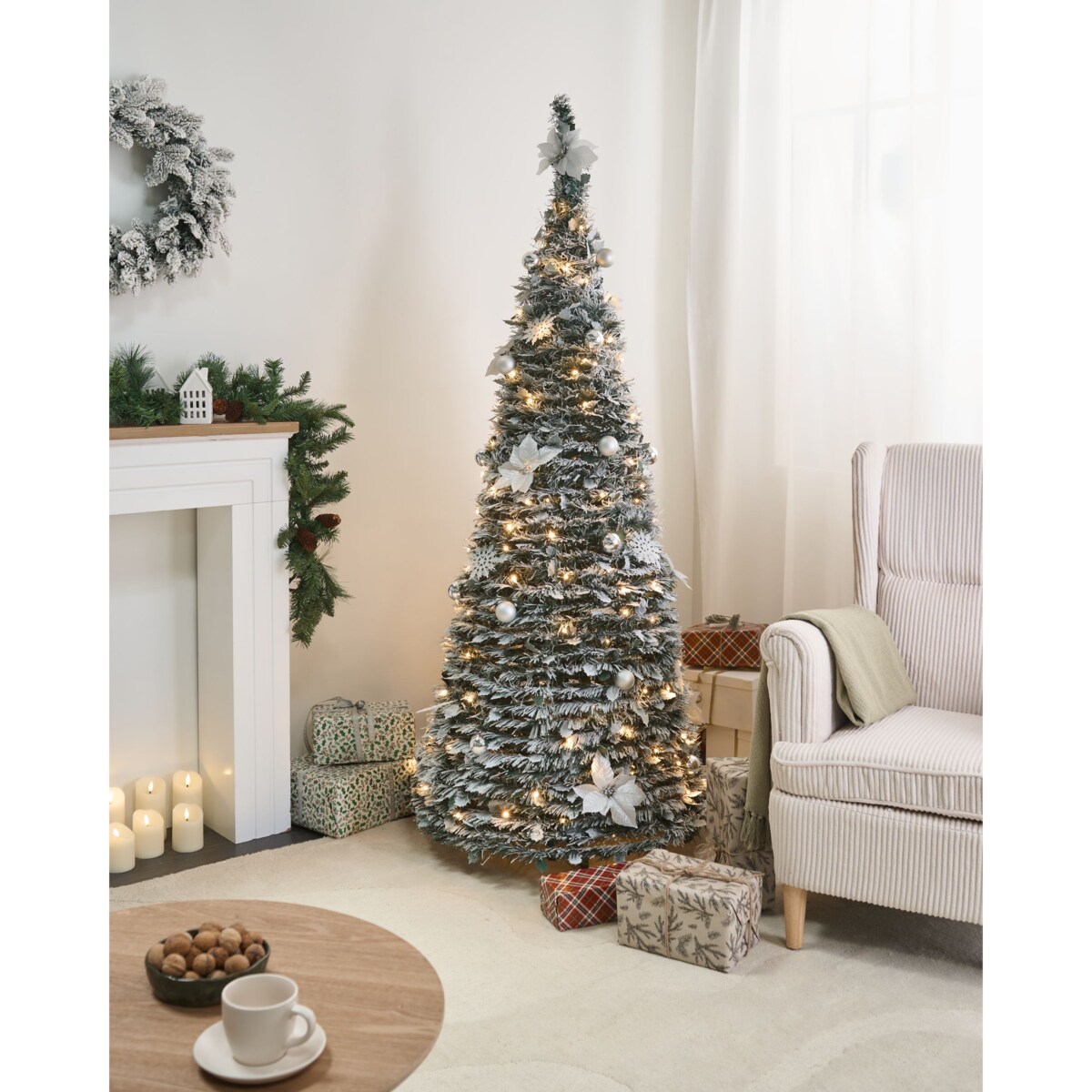 Ośnieżona sztuczna choinka świąteczna Składane LED FIRVANA 185 cm Biały