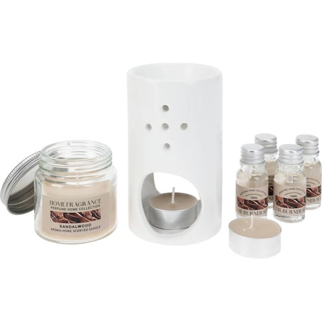 Zestaw zapachowy, kominek z olejkami i świece, drzewo sandałowe