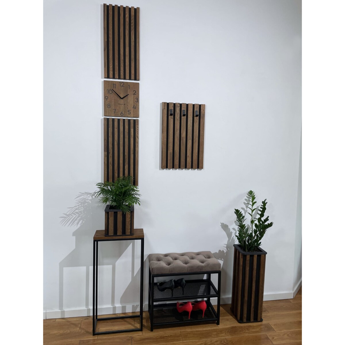 Dębowy panel Zegar w Lamelach 155x30cm brązowy