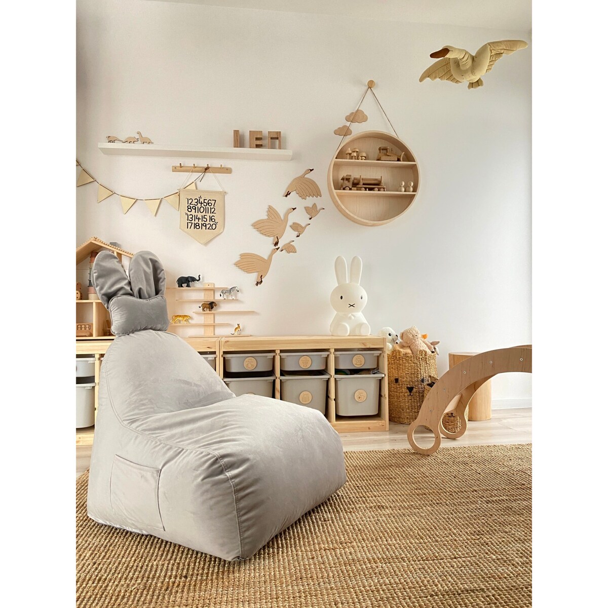 PUF FUNNY BUNNY WELUR JASNY SZARY