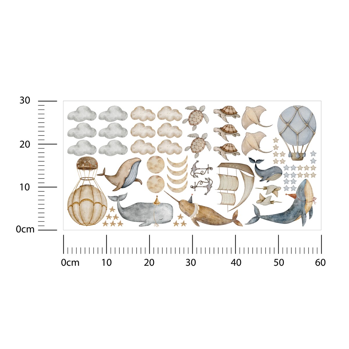 Naklejki Na Ścianę Dla Dzieci Wieloryby Chmury Statki Balony Gwiazdy ZESTAW 60x30cm