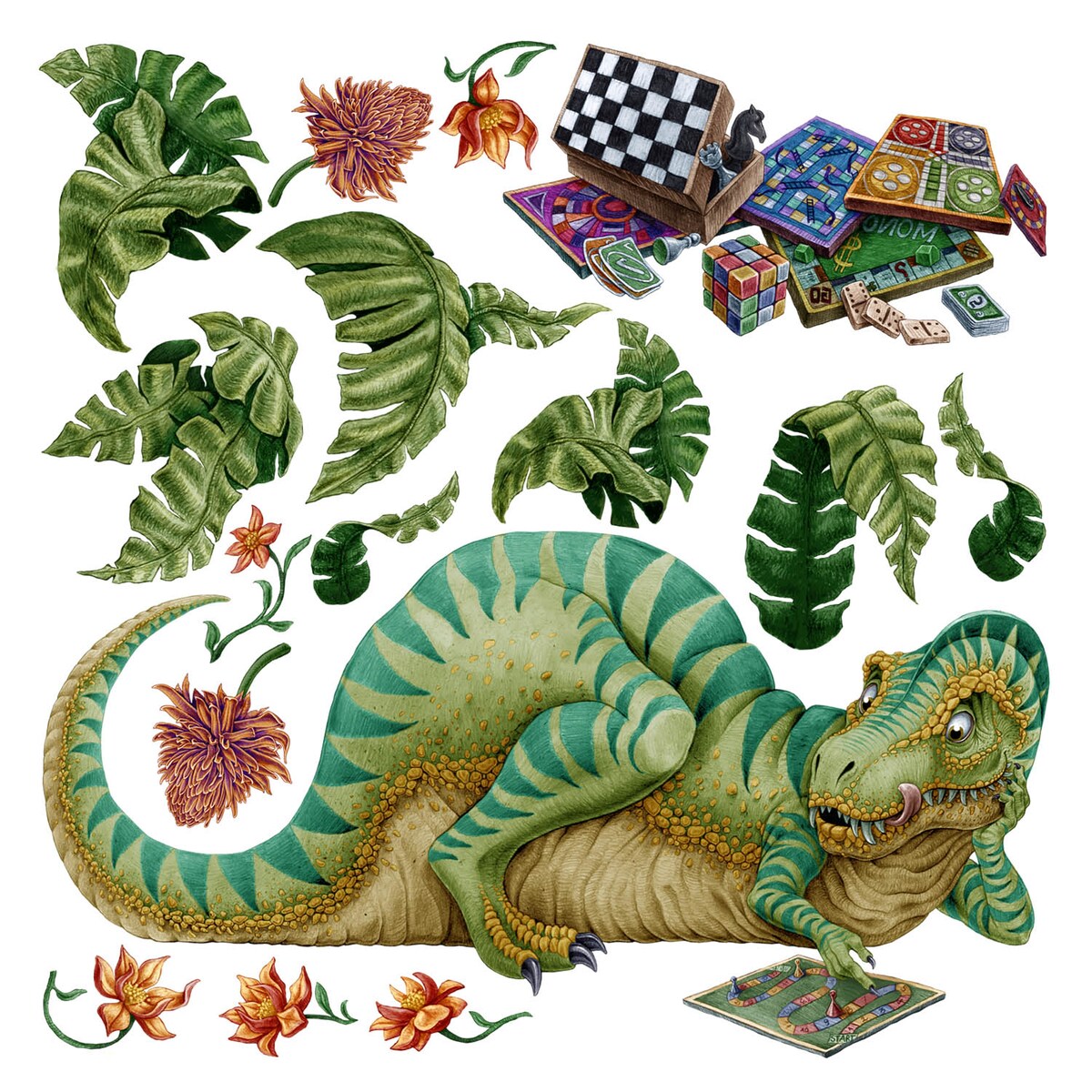 Zestaw naklejek na ścianę, Dinozaur z planszówką, 100cm