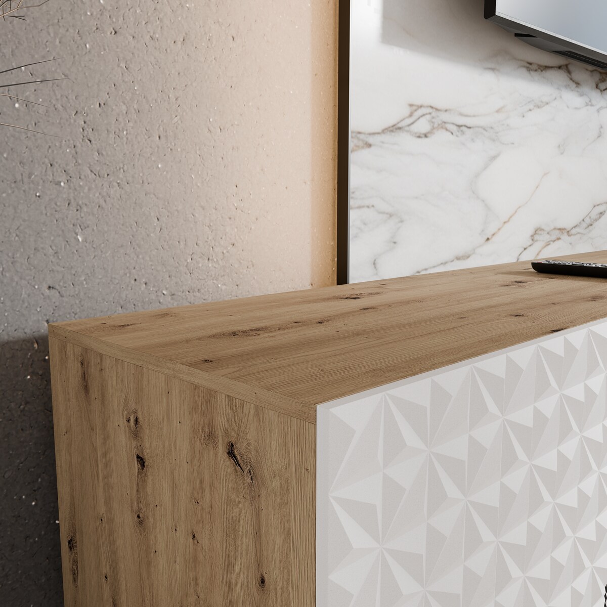 Szafka RTV ALI 300 cm zamknięta z ozdobnymi frontami - artisan+biały