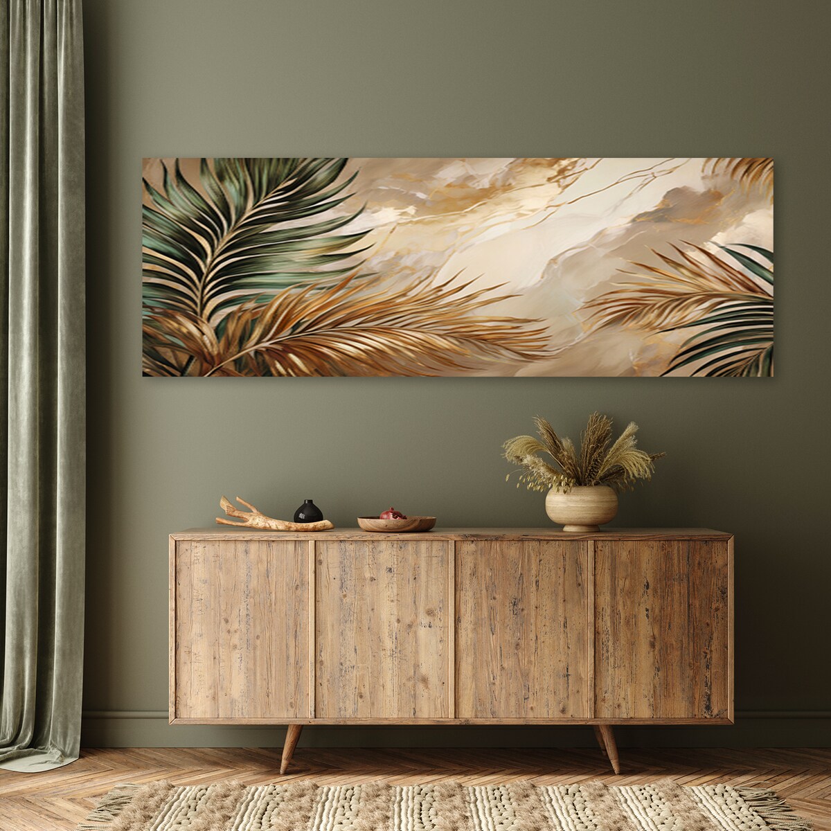 Panoramiczny obraz do salonu Liście Palmy Rośliny Boho na złotym Marmurze 120x40