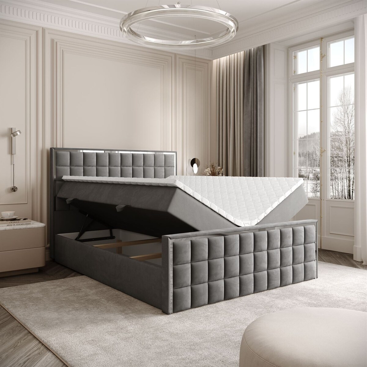 Łóżko kontynentalne ISADORA II SILVER, pojemnik na pościel, 180x200, RV 250, topper