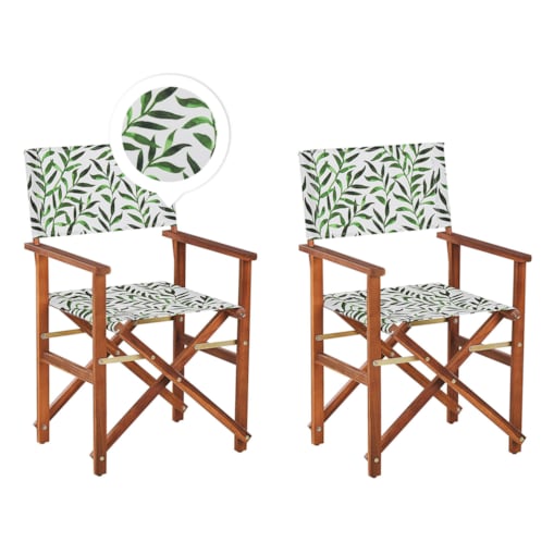 Zestaw 2 krzeseł ogrodowych akacjowy ciemne drewno z szarym / wzór w liście CINE