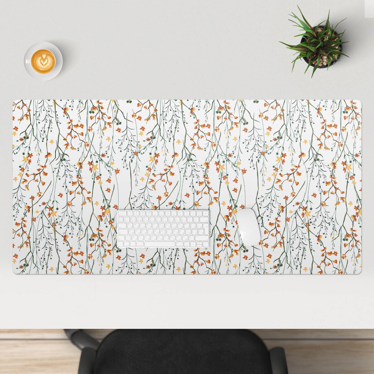 Biała mata na biurko Jesienne kwiaty gałązki, 120x60 cm