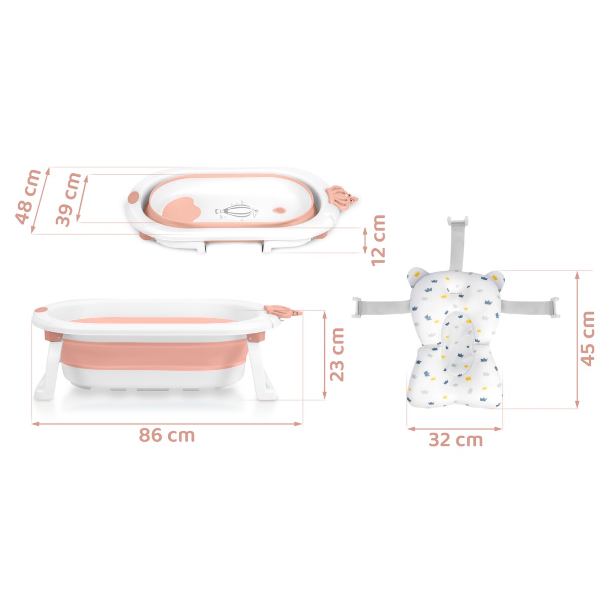 Wanienka składana dla dziecka niemowląt silikonowa z poduszką Ricokids biało-różowa