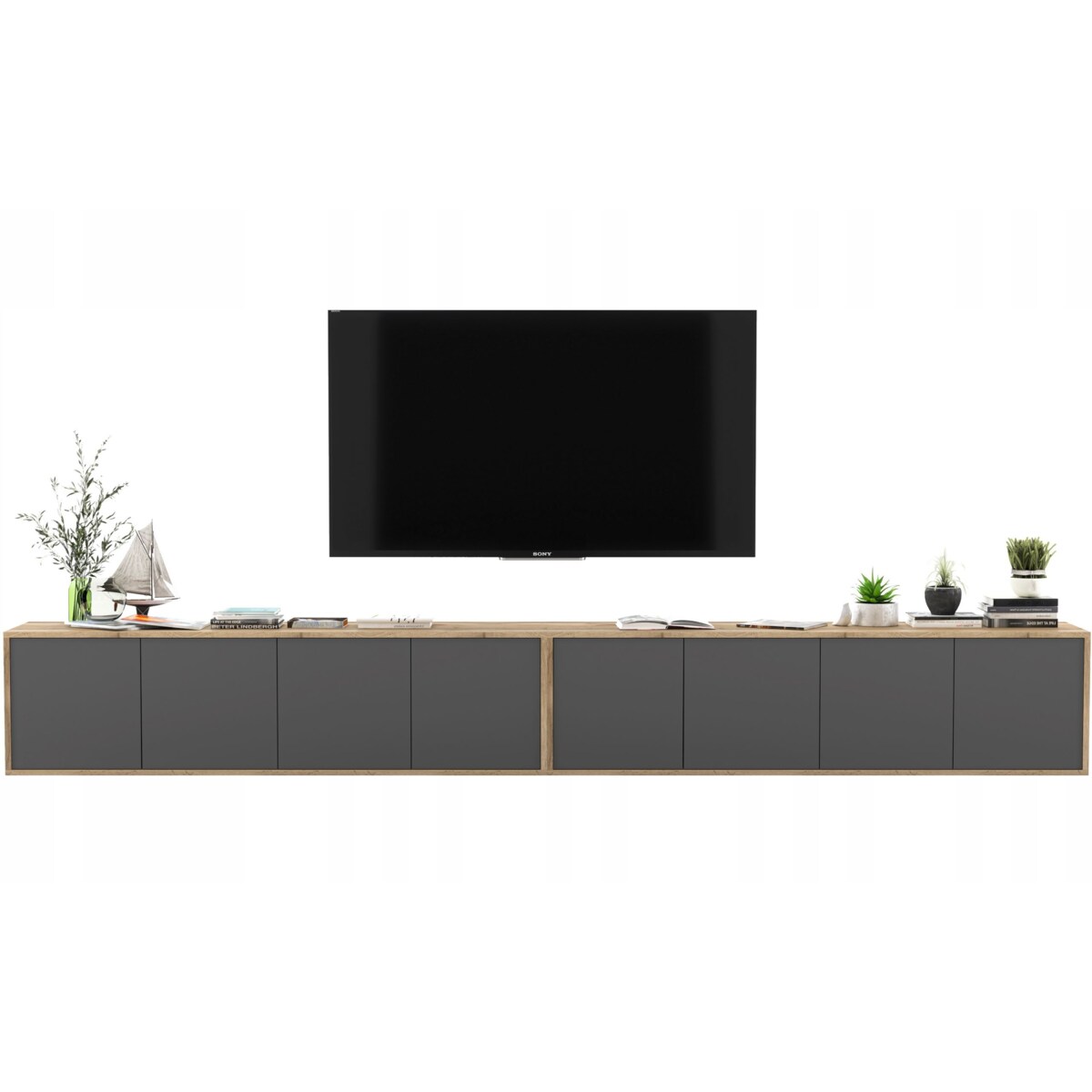 Wisząca Szafka RTV Loft Komoda RTV Dąb Wotan Grafit MAT 300 cm