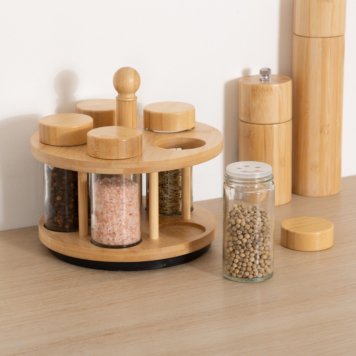 Obrotowy pojemnik na przyprawy COZY, 4 szklane słoiczki
