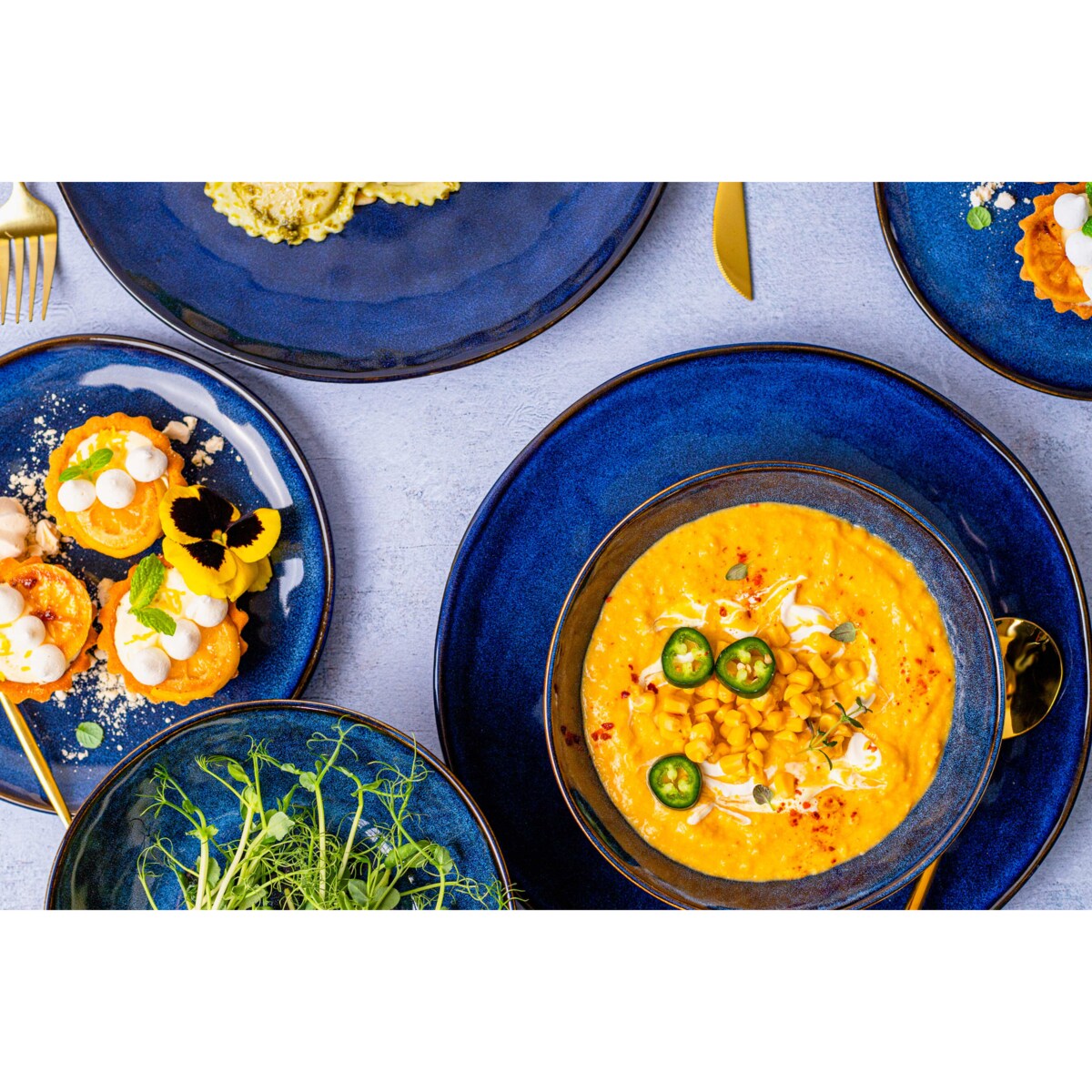 Serwis obiadowy Uminami niebieski na 12 osób 36 szt. Nowoczesny Do zmywarki Komplet talerzy