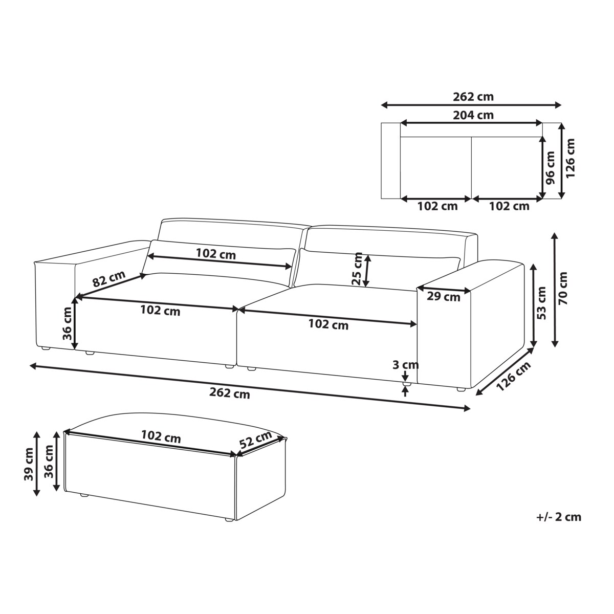 Sofa modułowa 2-osobowa z otomaną szara HELLNAR