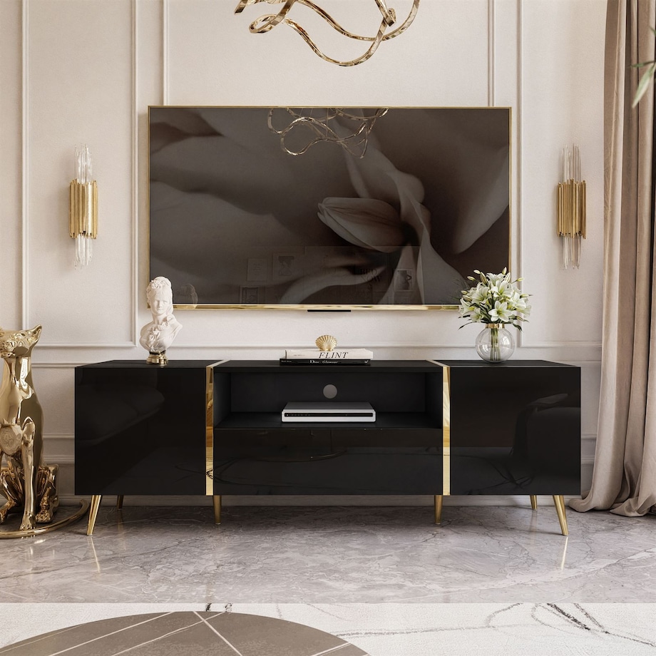 Szafka RTV ONYX na złotych nóżkach wysoki połysk 158 cm, czarny połysk, push-to-open