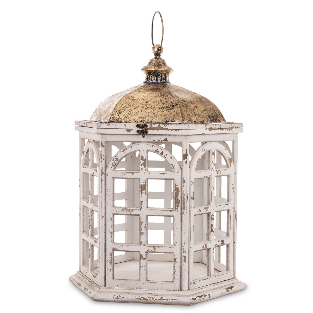 Lampion latarnia drewno-metal 72x47x41 cm biało-złoty LUMBERI