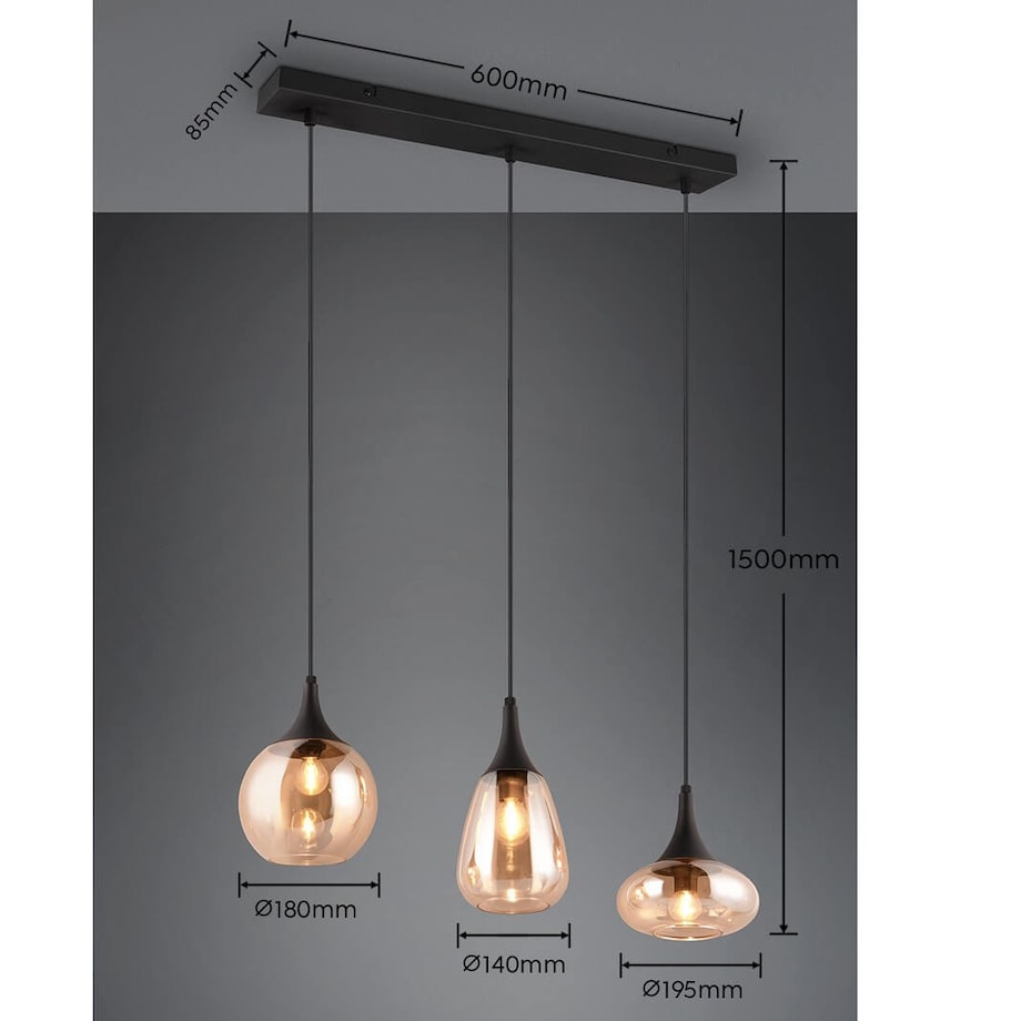 Potrójna lampa nad stół Lumina 317000313 Trio szkło czarna bursztynowa