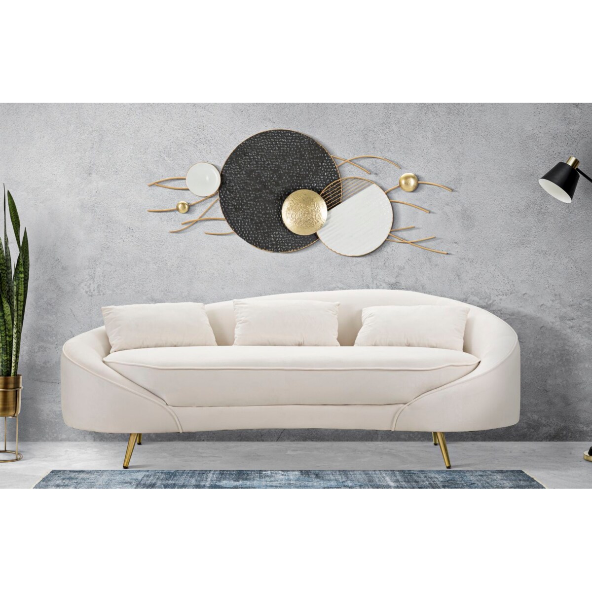 Sofa Oslo, kolor kremowy i złoty, poliester, drewno eukaliptusowe i metal, 185 x 84 x 68 cm, do salonu, Mauro Ferretti