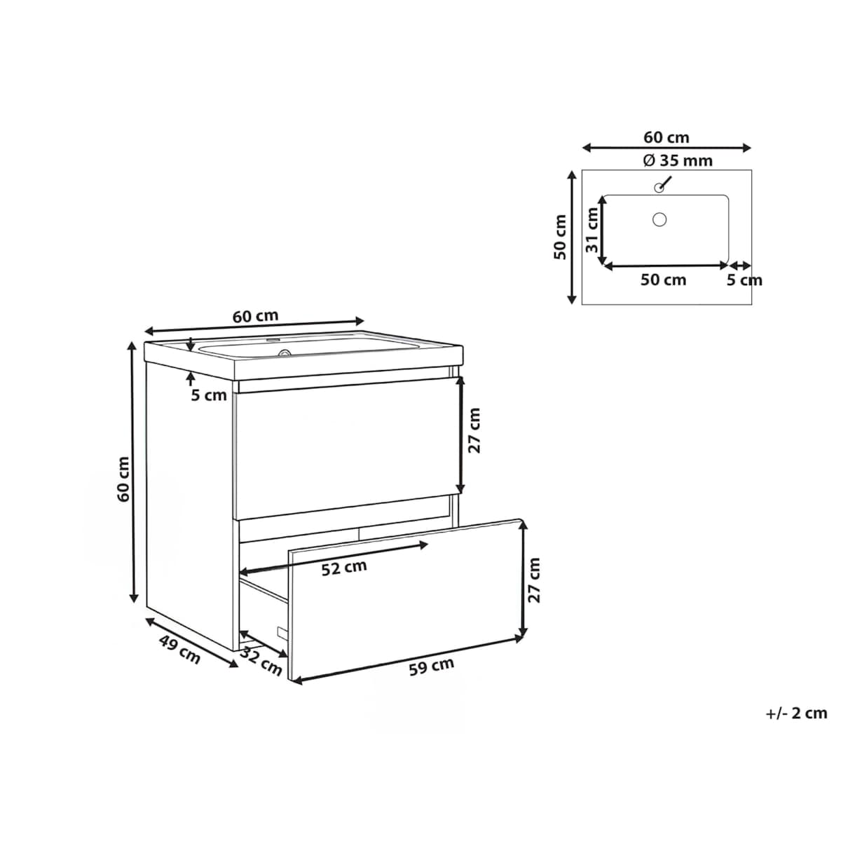 Szafka łazienkowa wisząca z umywalką LAGOA 60 cm Jasnobrązowy