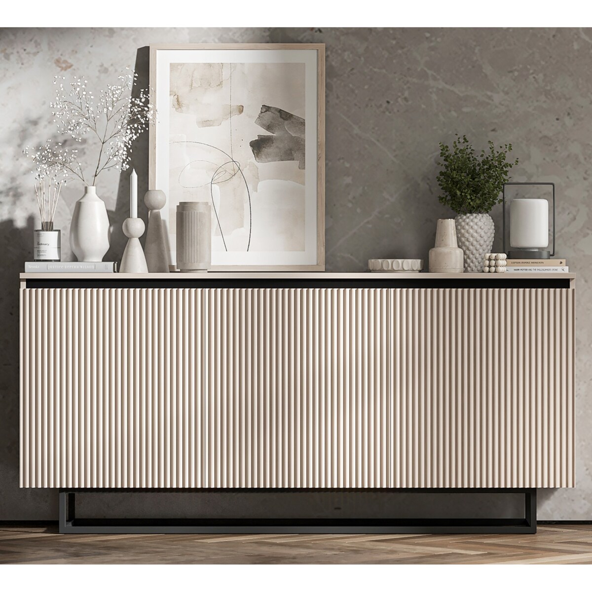 Komoda Glamour Szafka RTV Kaszmir MAT ryflowane fronty czarny stelaż 166,8 cm