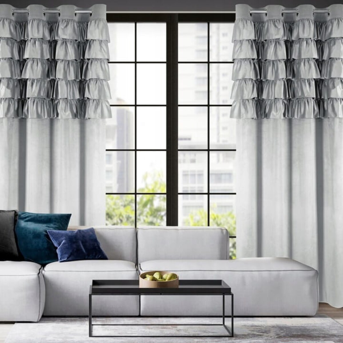 Zasłona WELUROWA Gotowa na PRZELOTKACH z FALBANAMI Aura 140 x 250 SREBRNA