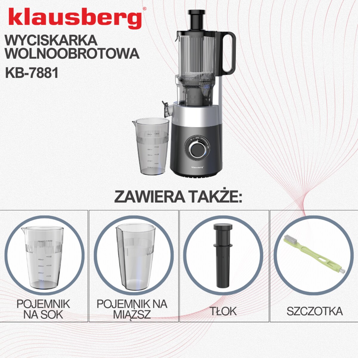 Sokowirówka wolnoobrotowa 180W do owoców i warzyw COLD PRESS KLAUSBERG KB-7881