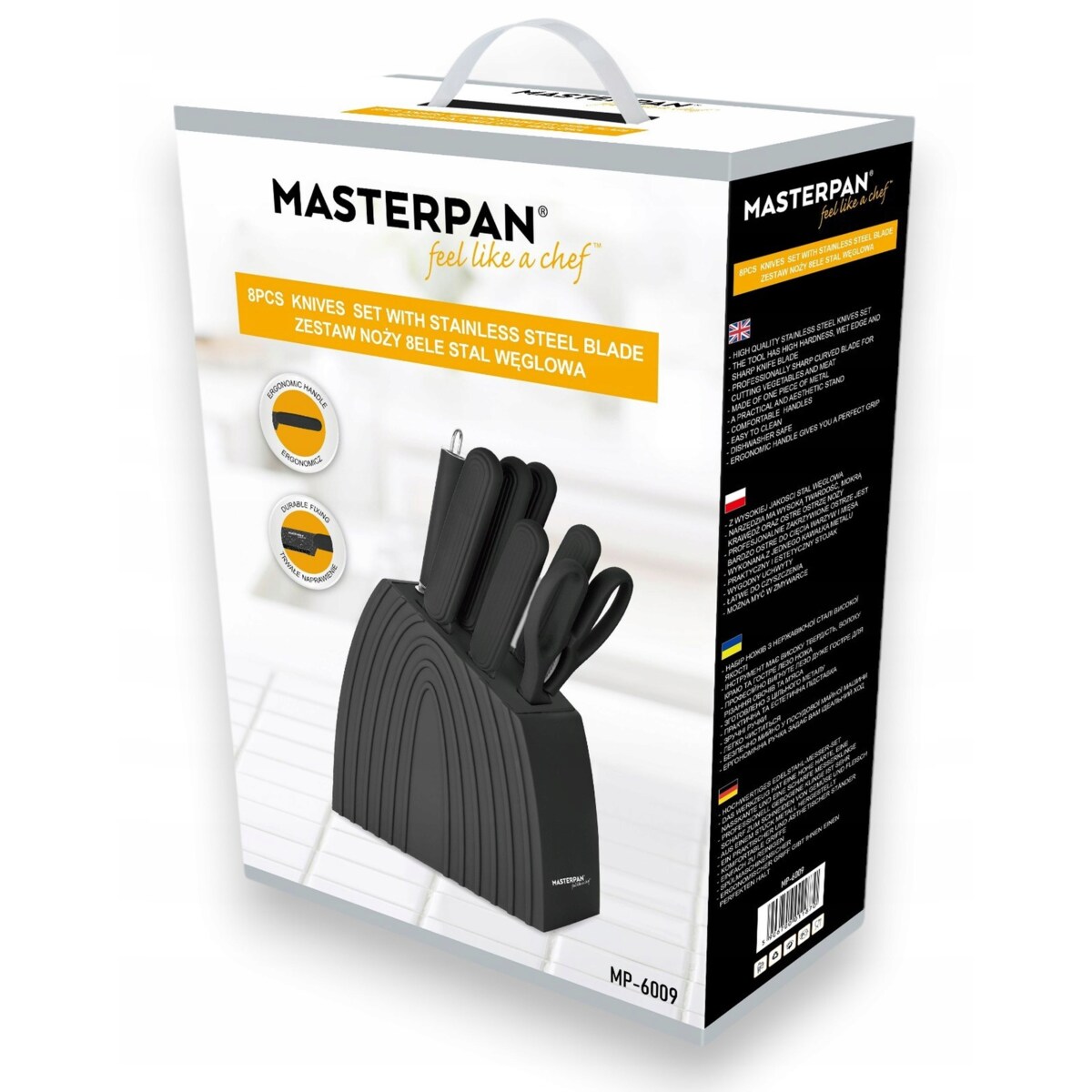 Zestaw Komplet Noży Kuchennych W Czarnym Bloku 8 El Ostrzałka Nożyczki