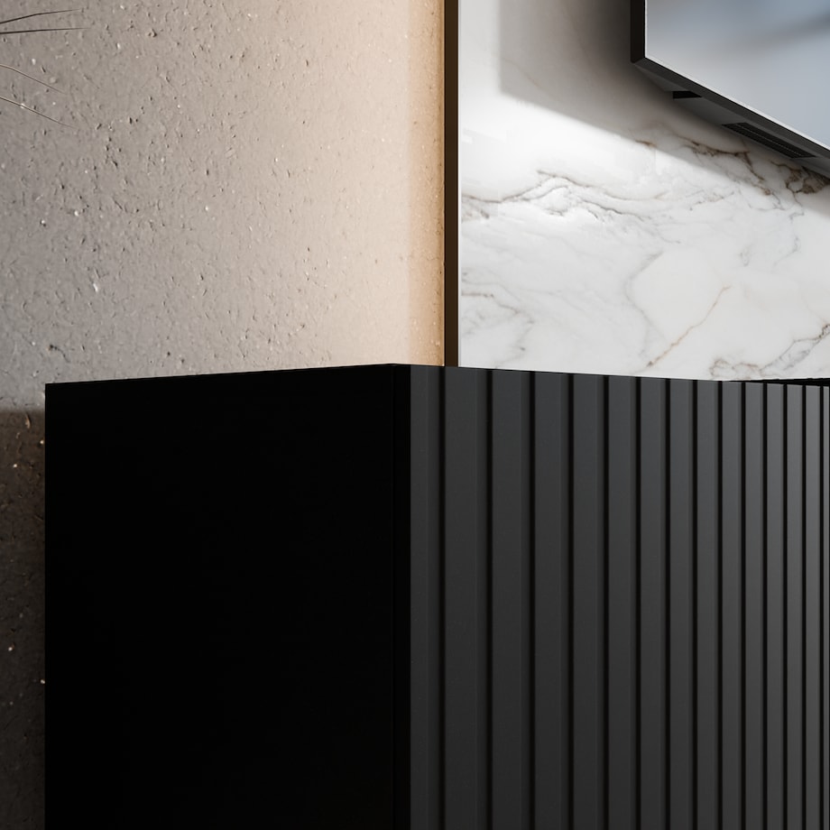 Szafka RTV RIO 300 cm, otwarta z półkami, ryflowana, do salonu- czarna