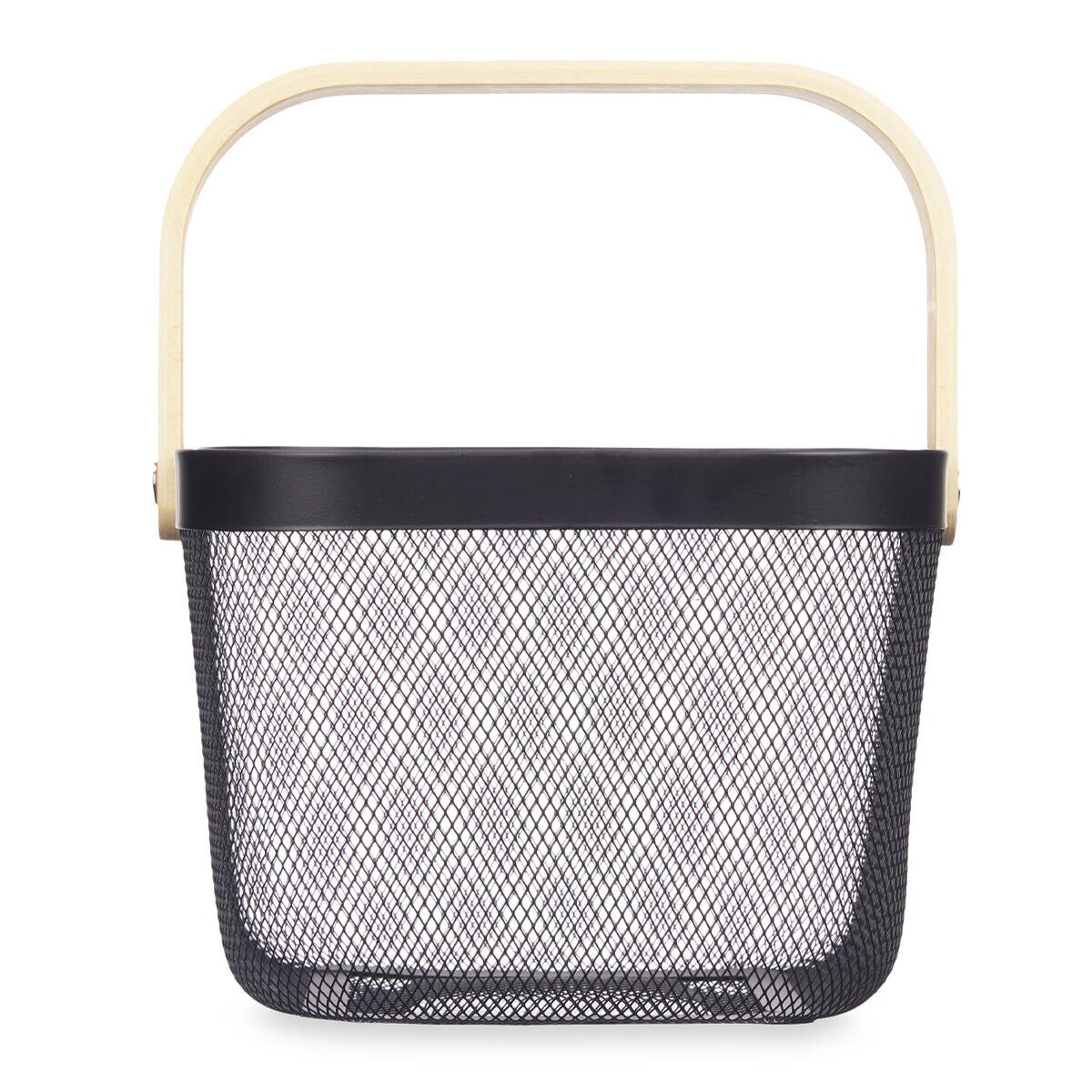 Kosz z czarnej siatki z drewnianym uchwytem