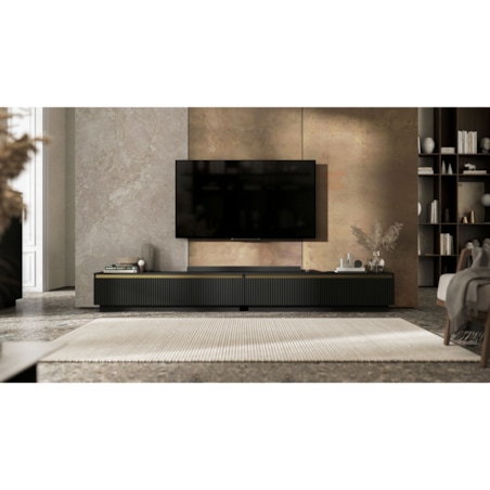 Nowoczesna Szafka RTV Glamour Komoda RTV Czarny Mat 280 cm ryflowane fronty