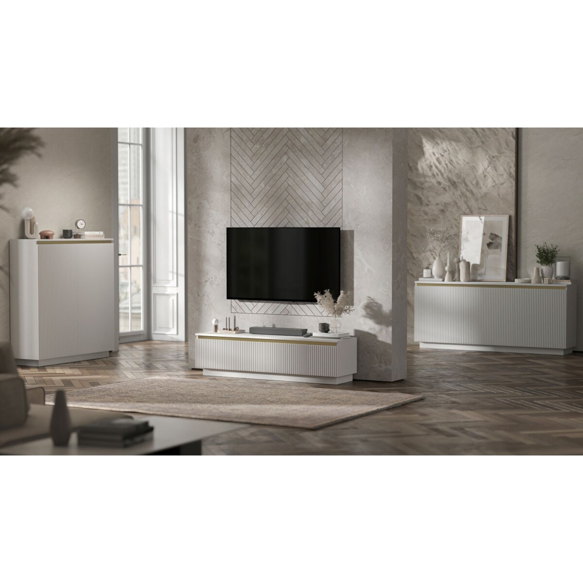 Nowoczesna Komoda Glamour Szafka RTV Biały MAT ryflowane fronty 110,8 cm