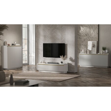 Nowoczesna Komoda Glamour Szafka RTV Biały MAT ryflowane fronty 110,8 cm
