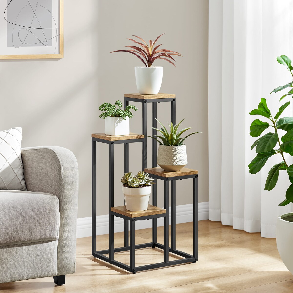 Regał Kwietnik 4 Półki 34X34X71 Cm Dąb, Czarny