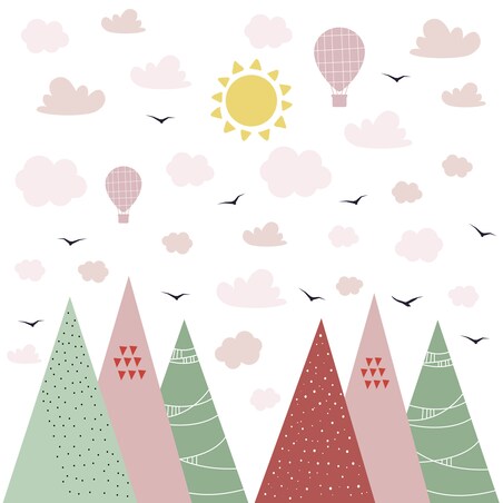 NAKLEJKI ŚCIENNE DLA DZIECI GÓRY STYL BOHO CHMURKI BALONY PTAKI ZESTAW